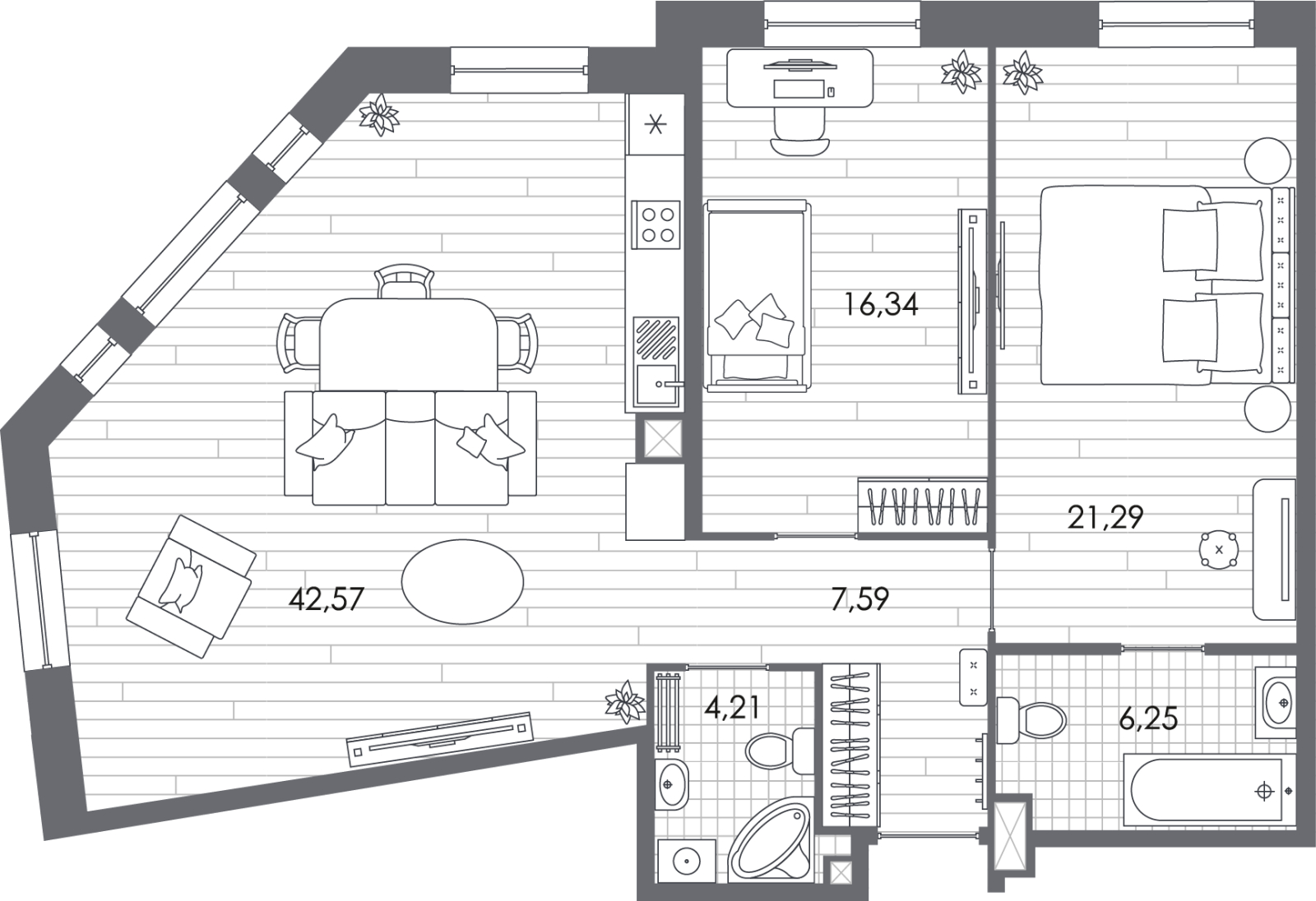 2-комнатная квартира в ЖК MYPRIORITY Basmanny на 15 этаже в 16 секции. Сдача в 3 кв. 2024 г.