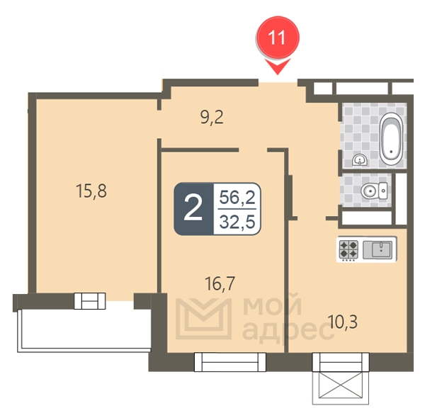 2-комнатная квартира в ЖК Северная корона на 6 этаже в 1 секции. Сдача в 4 кв. 2023 г.