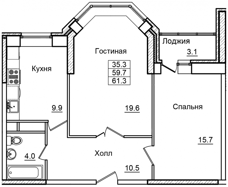 2-комнатная квартира в ЖК Бунинские кварталы на 5 этаже в 1 секции. Сдача в 2 кв. 2026 г.