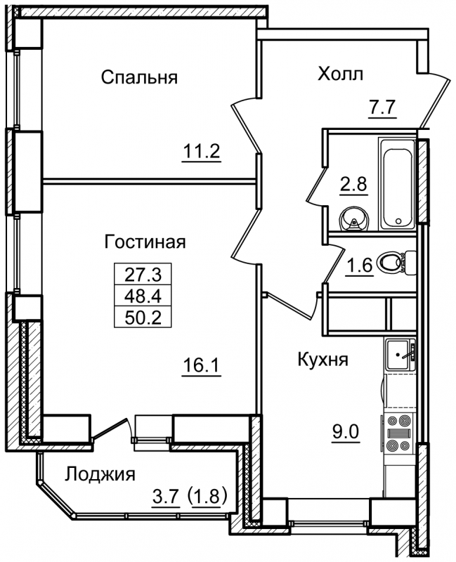 2-комнатная квартира в ЖК Ново-Никольское на 9 этаже в 3 секции. Дом сдан.