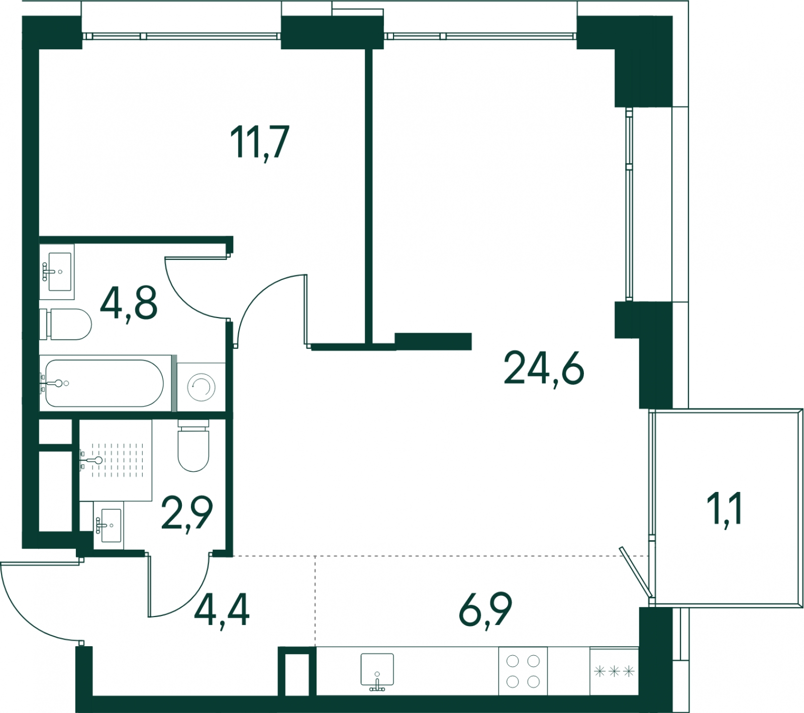 1-комнатная квартира (Студия) с отделкой в ЖК Эко-квартал VERY на 28 этаже в 1 секции. Сдача в 1 кв. 2024 г.