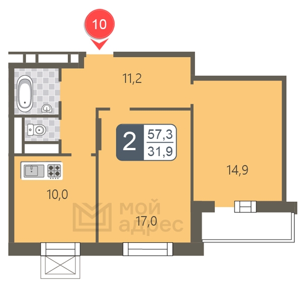 1-комнатная квартира (Студия) с отделкой в ЖК Эко-квартал VERY на 26 этаже в 1 секции. Сдача в 1 кв. 2024 г.