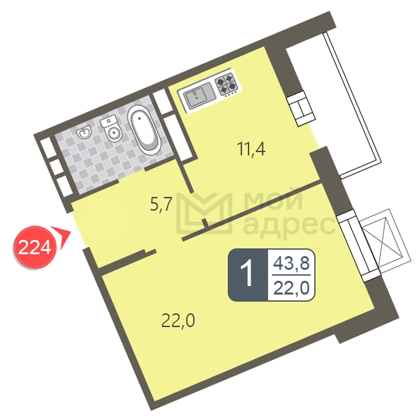 2-комнатная квартира в ЖК Бунинские кварталы на 10 этаже в 2 секции. Сдача в 2 кв. 2026 г.