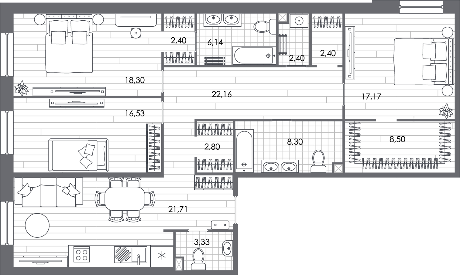 3-комнатная квартира в ЖК Сиреневый Парк на 5 этаже в 5 секции. Сдача в 1 кв. 2024 г.