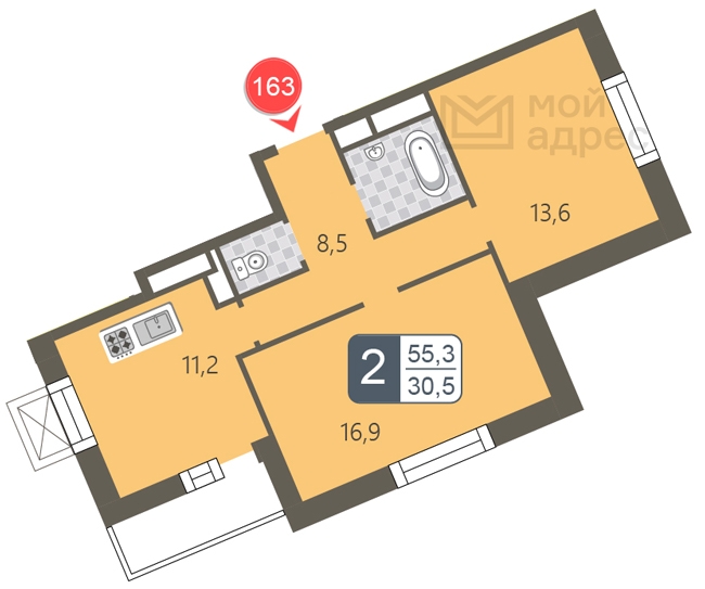 2-комнатная квартира в ЖК Бунинские кварталы на 5 этаже в 4 секции. Сдача в 2 кв. 2026 г.