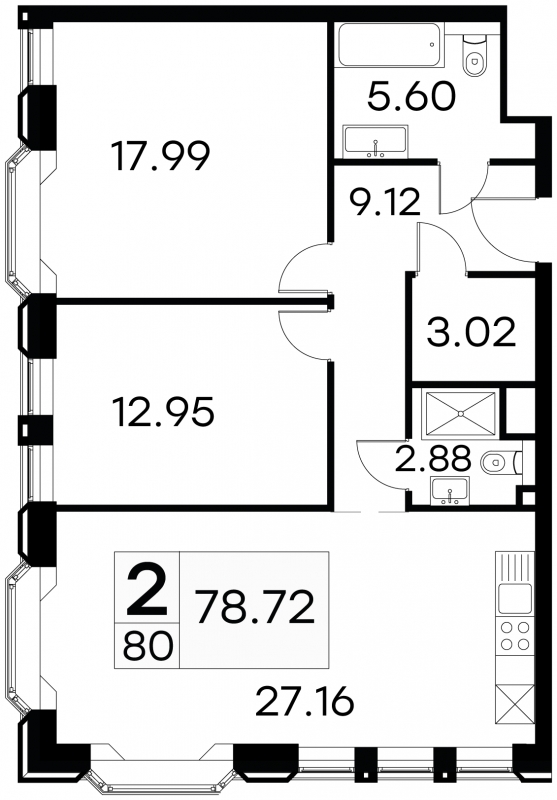 2-комнатная квартира с отделкой в ЖК GloraX Aura Василеостровский на 18 этаже в 1 секции. Сдача в 1 кв. 2025 г.