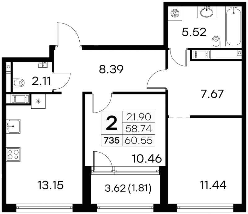 2-комнатная квартира с отделкой в ЖК GloraX Aura Василеостровский на 3 этаже в 1 секции. Сдача в 1 кв. 2025 г.