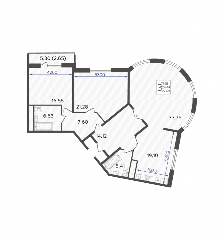 3-комнатная квартира в ЖК Северная корона на 7 этаже в 1 секции. Сдача в 4 кв. 2023 г.