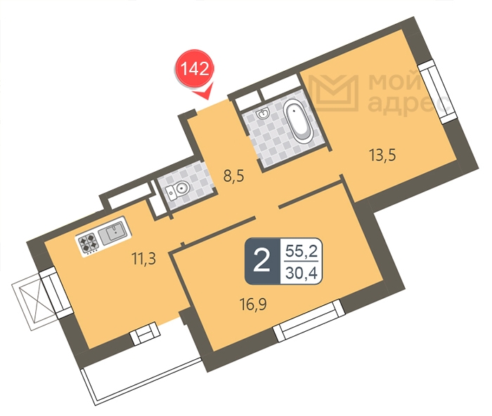 2-комнатная квартира с отделкой в ЖК GloraX Aura Василеостровский на 2 этаже в 1 секции. Сдача в 1 кв. 2025 г.