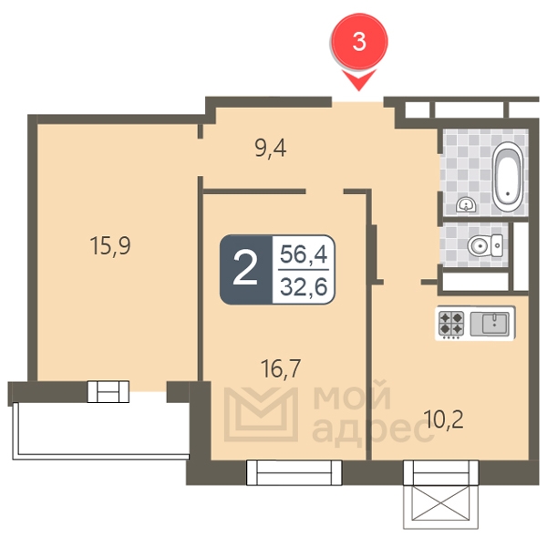 1-комнатная квартира в ЖК Бунинские кварталы на 8 этаже в 5 секции. Сдача в 2 кв. 2026 г.