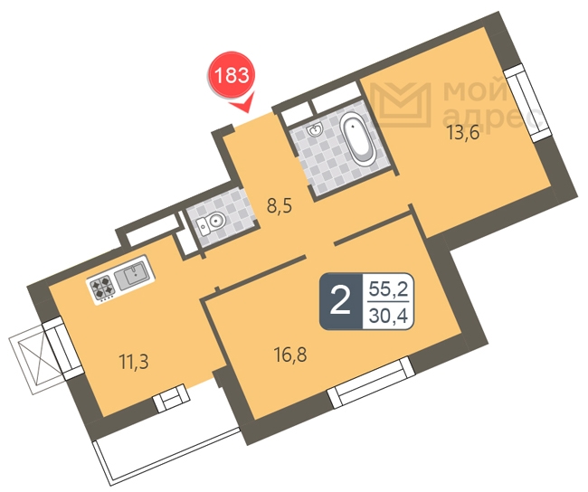 1-комнатная квартира в Клубный город на реке Primavera на 5 этаже в 2 секции. Сдача в 2 кв. 2022 г.