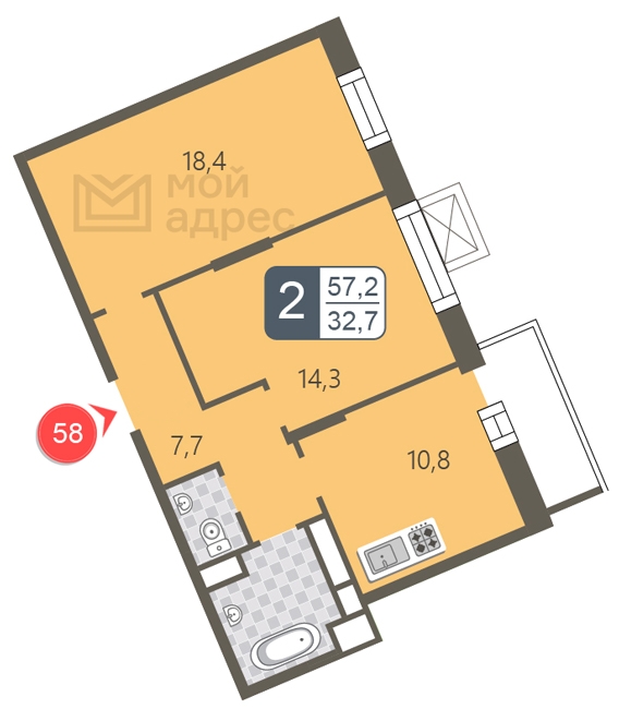 2-комнатная квартира в ЖК Ново-Никольское на 2 этаже в 3 секции. Дом сдан.