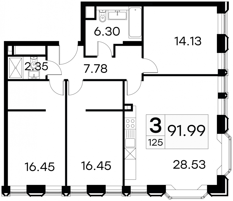 3-комнатная квартира в ЖК Бунинские кварталы на 9 этаже в 6 секции. Сдача в 2 кв. 2026 г.
