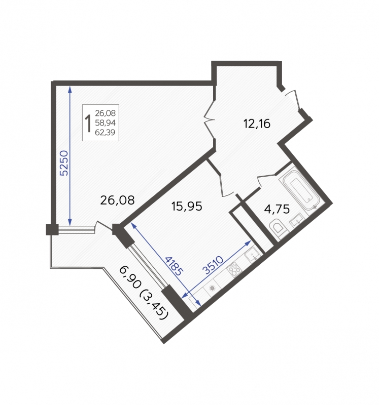 2-комнатная квартира в ЖК Северная корона на 2 этаже в 1 секции. Сдача в 4 кв. 2023 г.