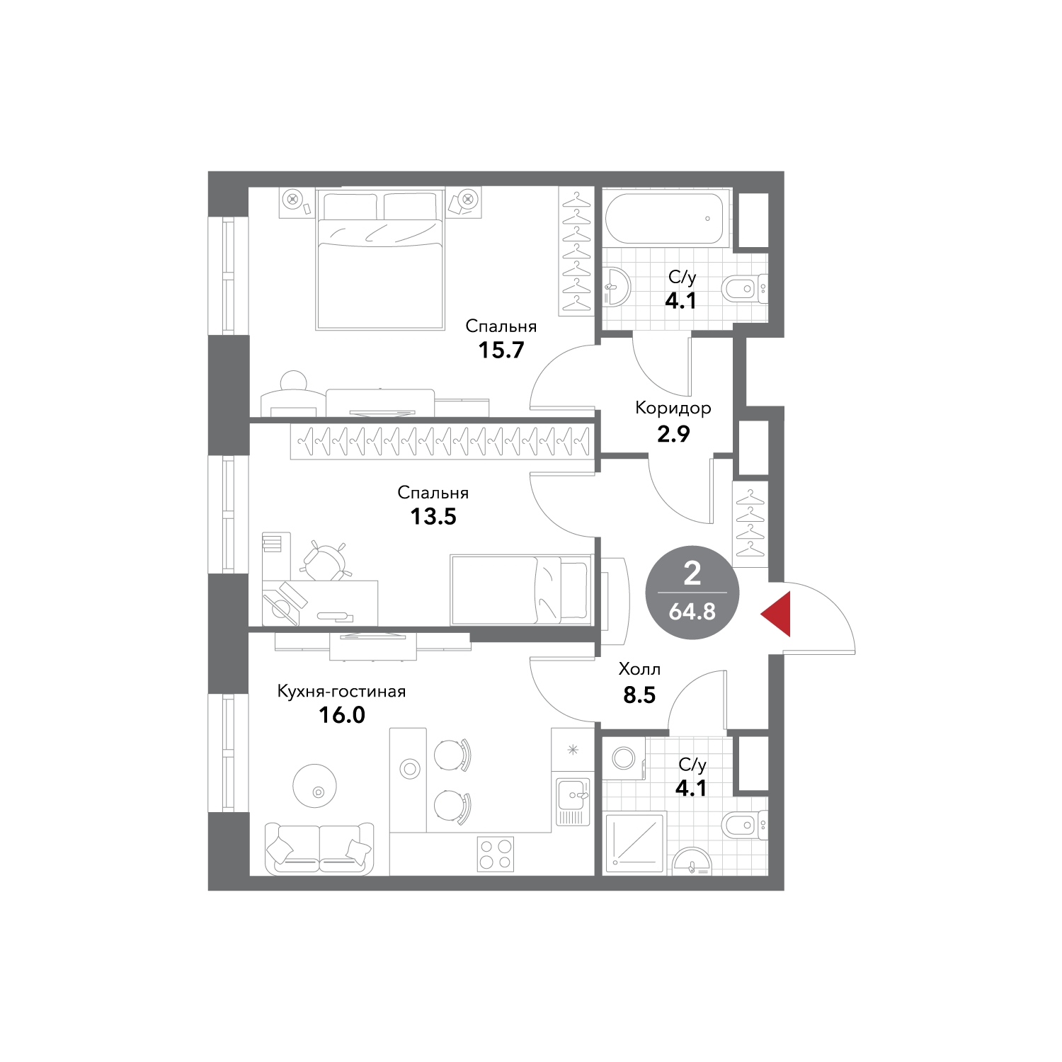 1-комнатная квартира в ЖК Северная корона на 4 этаже в 1 секции. Сдача в 4 кв. 2023 г.