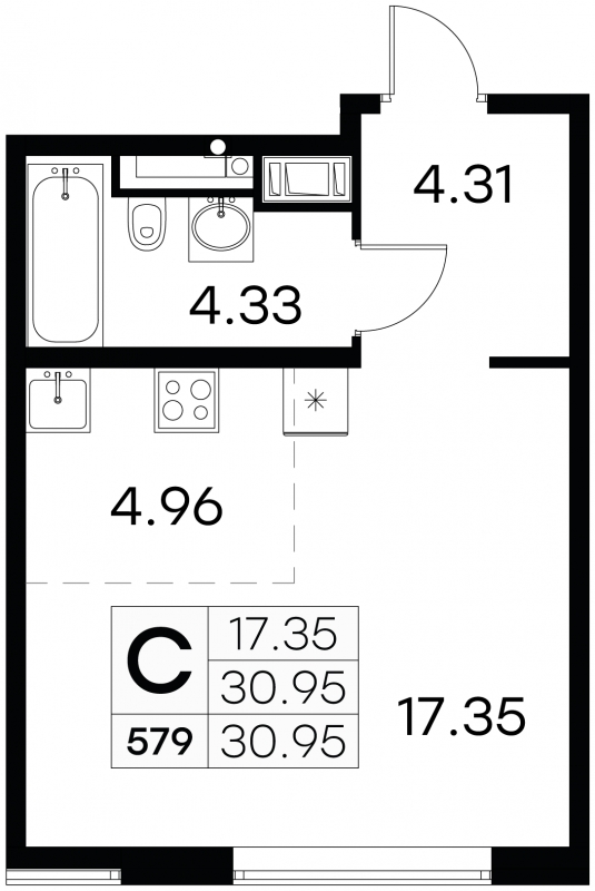 1-комнатная квартира в ЖК MOD на 6 этаже в 1 секции. Сдача в 4 кв. 2024 г.