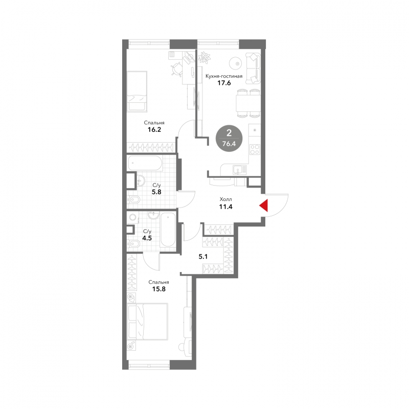 2-комнатная квартира в ЖК Бунинские кварталы на 16 этаже в 1 секции. Сдача в 2 кв. 2026 г.