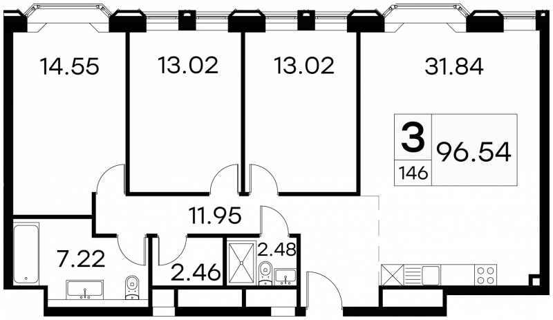 3-комнатная квартира в ЖК MOD на 4 этаже в 1 секции. Сдача в 4 кв. 2024 г.