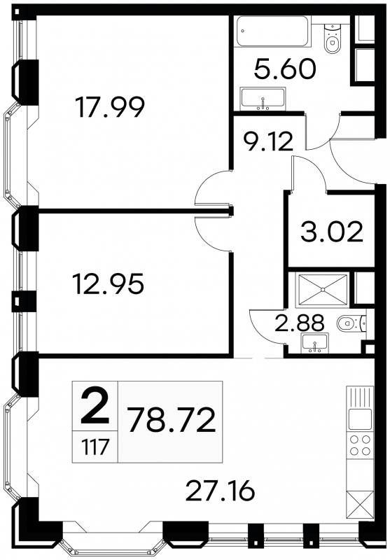 2-комнатная квартира в ЖК MOD на 5 этаже в 1 секции. Сдача в 4 кв. 2024 г.