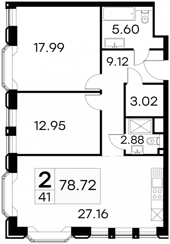 2-комнатная квартира в ЖК Фрегат 2 на 23 этаже в 1 секции. Сдача в 3 кв. 2022 г.