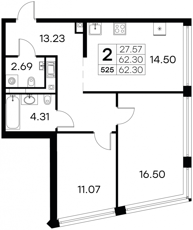 2-комнатная квартира с отделкой в ЖК Symphony 34 на 19 этаже в 1 секции. Сдача в 2 кв. 2025 г.