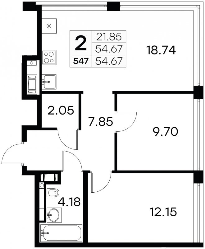 2-комнатная квартира в ЖК Фрегат 2 на 17 этаже в 1 секции. Сдача в 3 кв. 2022 г.