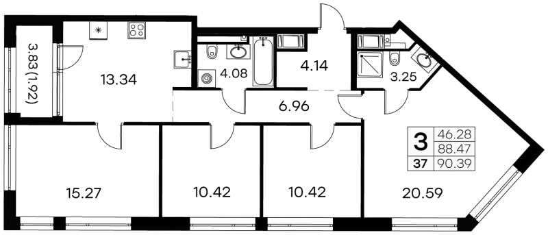 3-комнатная квартира с отделкой в ЖК GloraX Aura Василеостровский на 14 этаже в 1 секции. Сдача в 1 кв. 2025 г.
