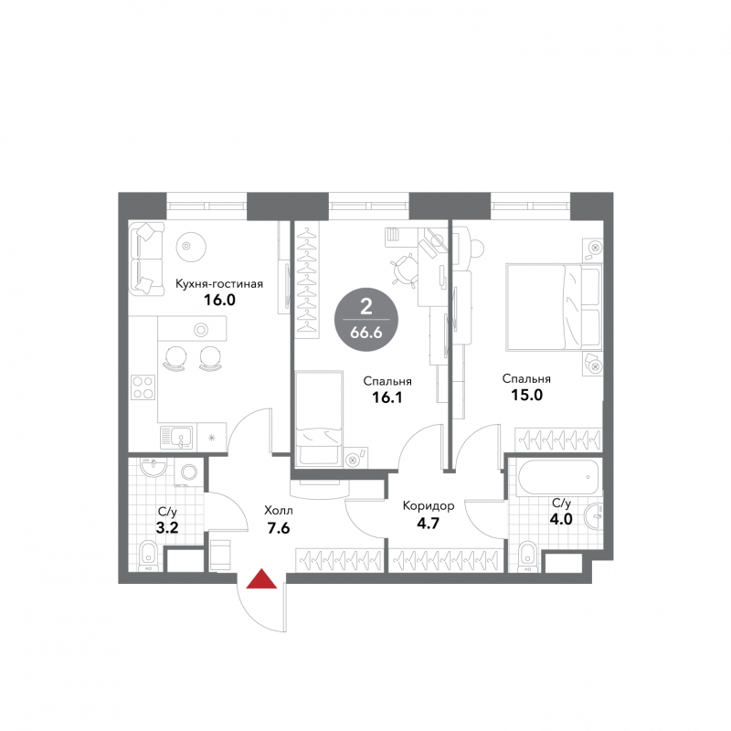 4-комнатная квартира в ЖК VOXHALL на 5 этаже в 1 секции. Сдача в 3 кв. 2025 г.