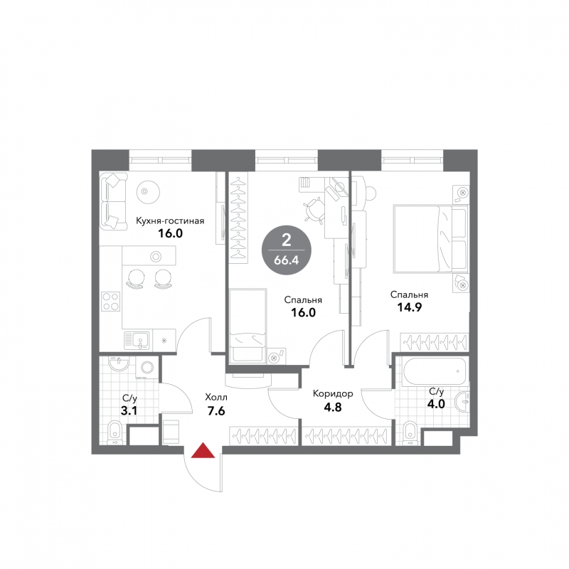 2-комнатная квартира с отделкой в ЖК Фрегат 2 на 20 этаже в 1 секции. Сдача в 3 кв. 2022 г.