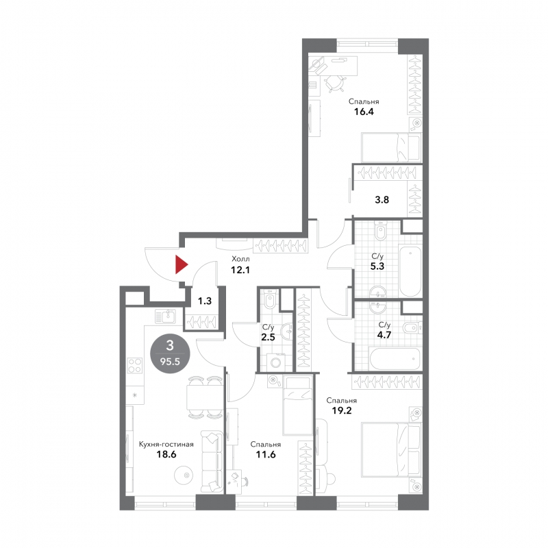 3-комнатная квартира в ЖК Бунинские кварталы на 11 этаже в 2 секции. Сдача в 2 кв. 2026 г.