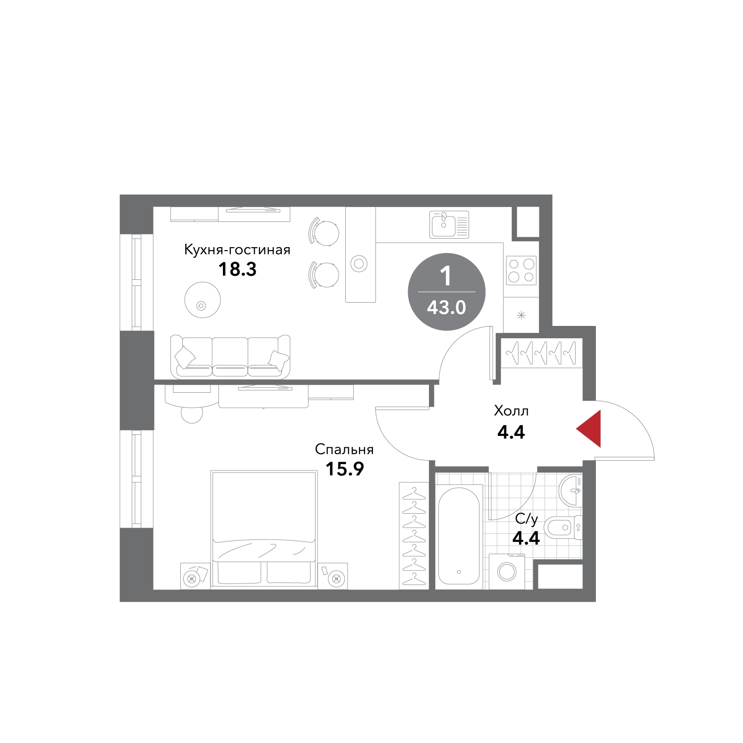 1-комнатная квартира в Клубный город на реке Primavera на 8 этаже в 1 секции. Сдача в 2 кв. 2022 г.