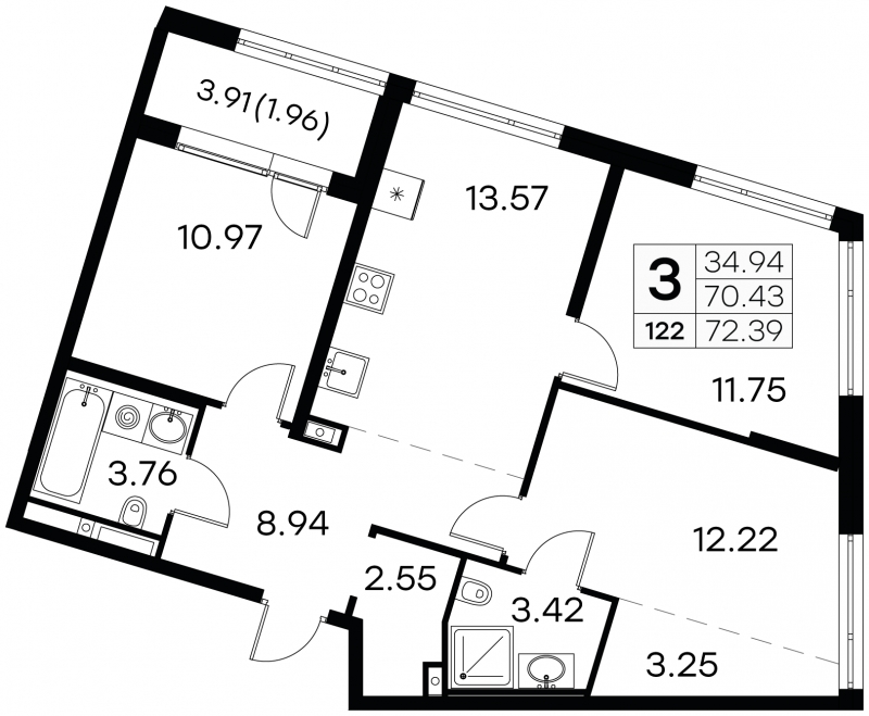 2-комнатная квартира в ЖК Бунинские кварталы на 17 этаже в 3 секции. Сдача в 2 кв. 2026 г.