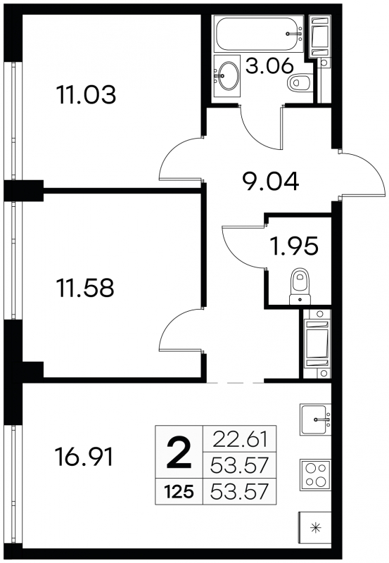 2-комнатная квартира в ЖК Северная корона на 6 этаже в 1 секции. Сдача в 4 кв. 2023 г.