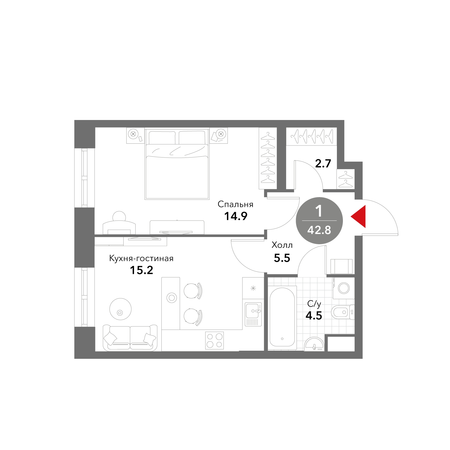2-комнатная квартира с отделкой в ЖК MOD на 4 этаже в 1 секции. Сдача в 4 кв. 2024 г.