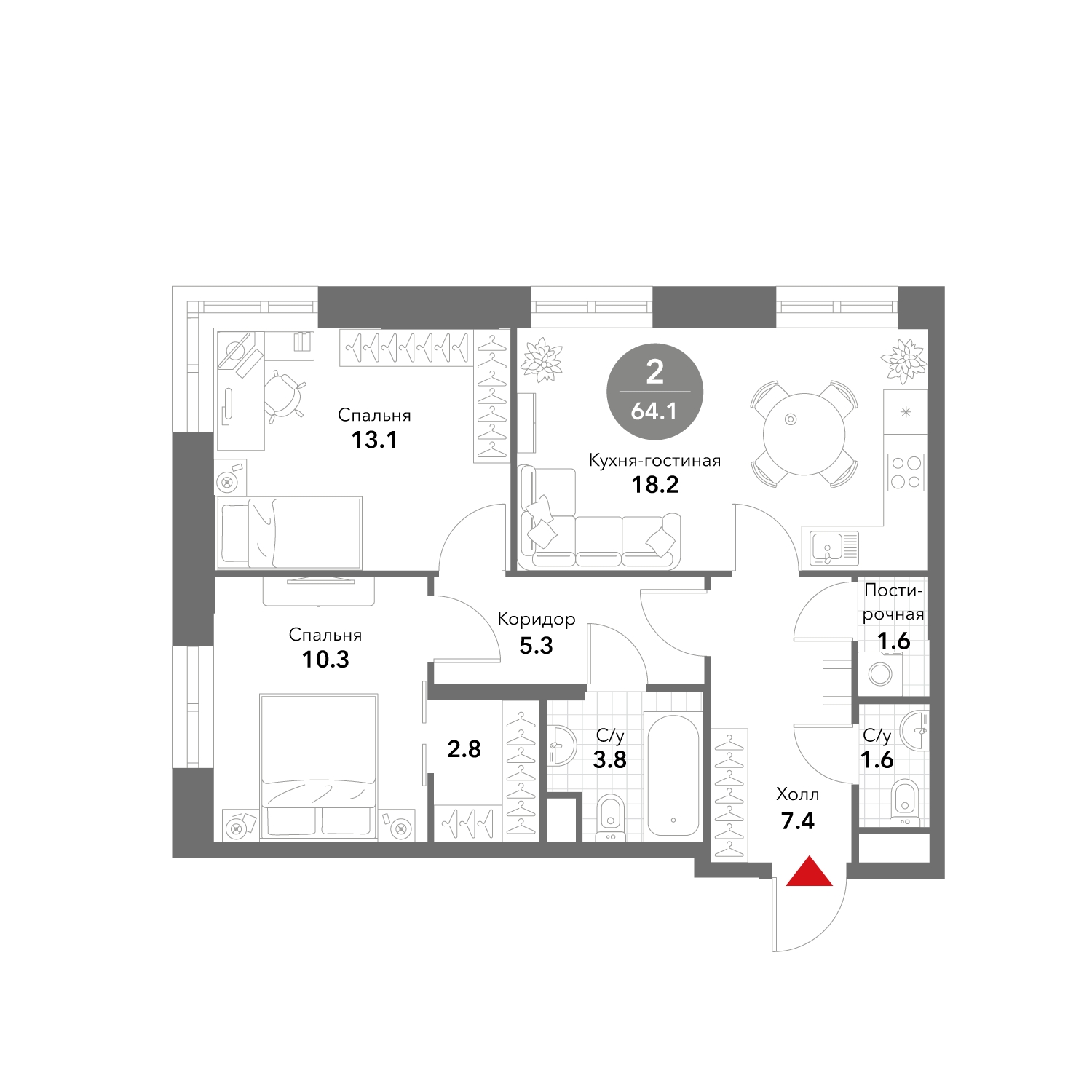 3-комнатная квартира в ЖК Бунинские кварталы на 5 этаже в 5 секции. Сдача в 2 кв. 2026 г.