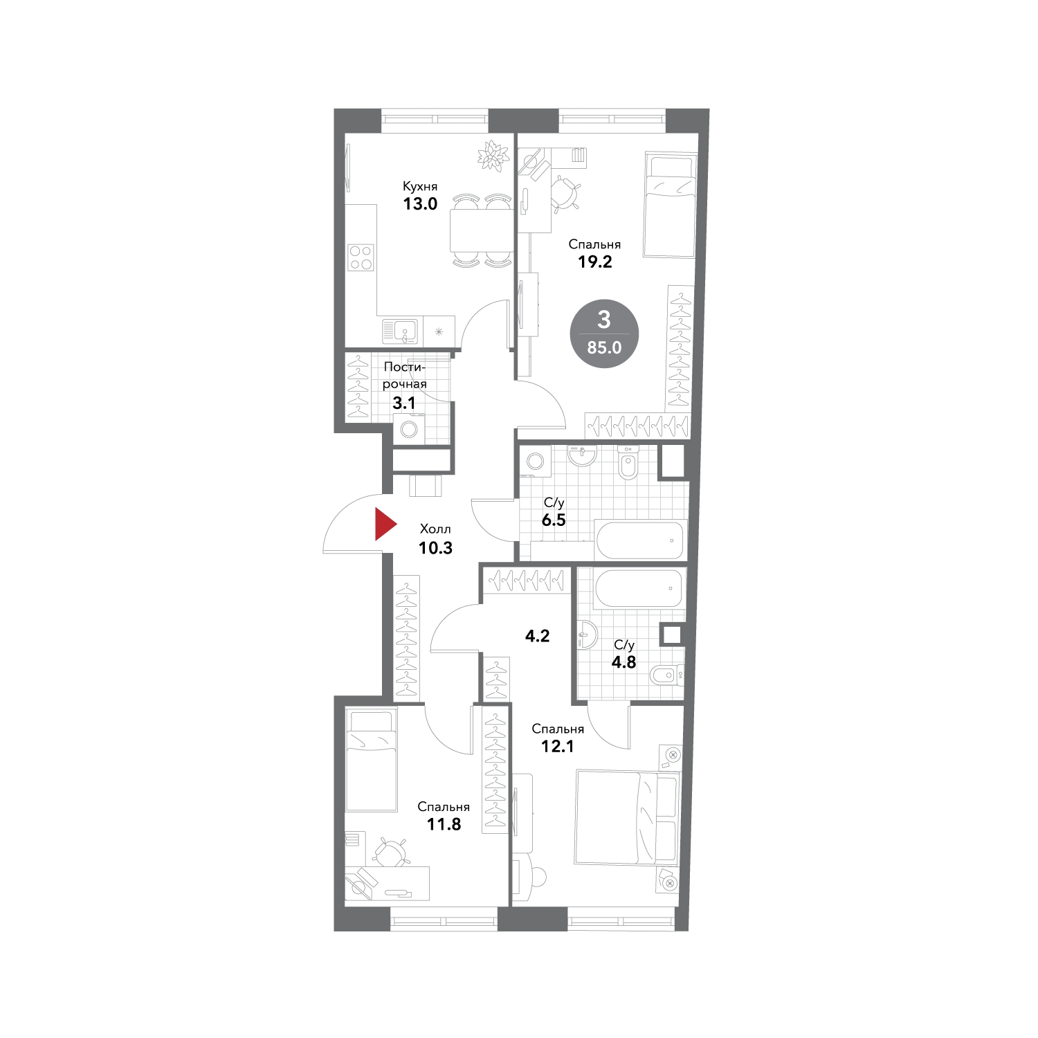 3-комнатная квартира с отделкой в ЖК GloraX Aura Белорусская на 6 этаже в 1 секции. Сдача в 3 кв. 2024 г.