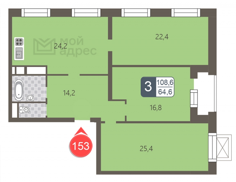 1-комнатная квартира (Студия) в ЖК MOD на 2 этаже в 1 секции. Сдача в 4 кв. 2024 г.