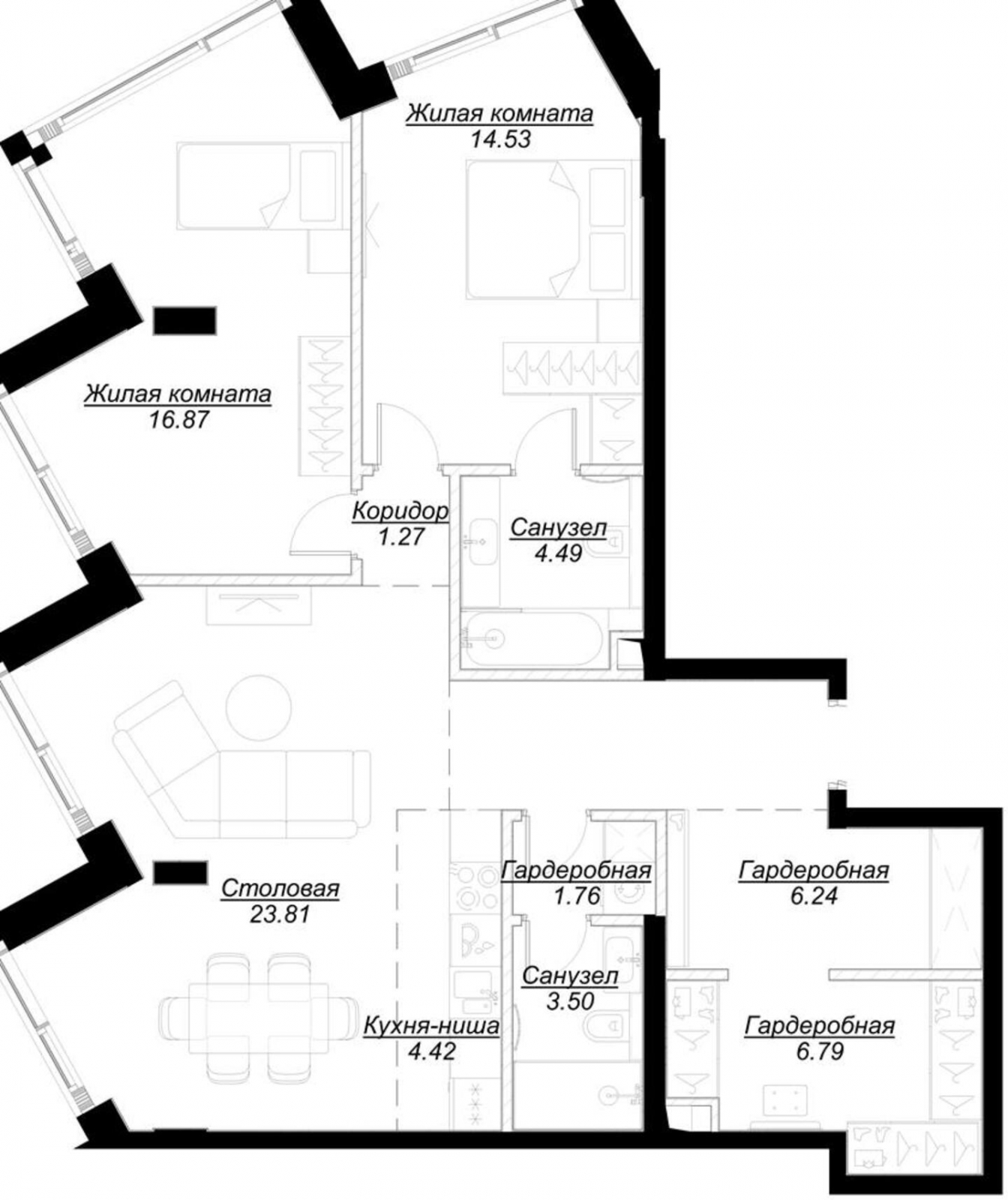 3-комнатная квартира в ЖК MOD на 2 этаже в 1 секции. Сдача в 4 кв. 2024 г.