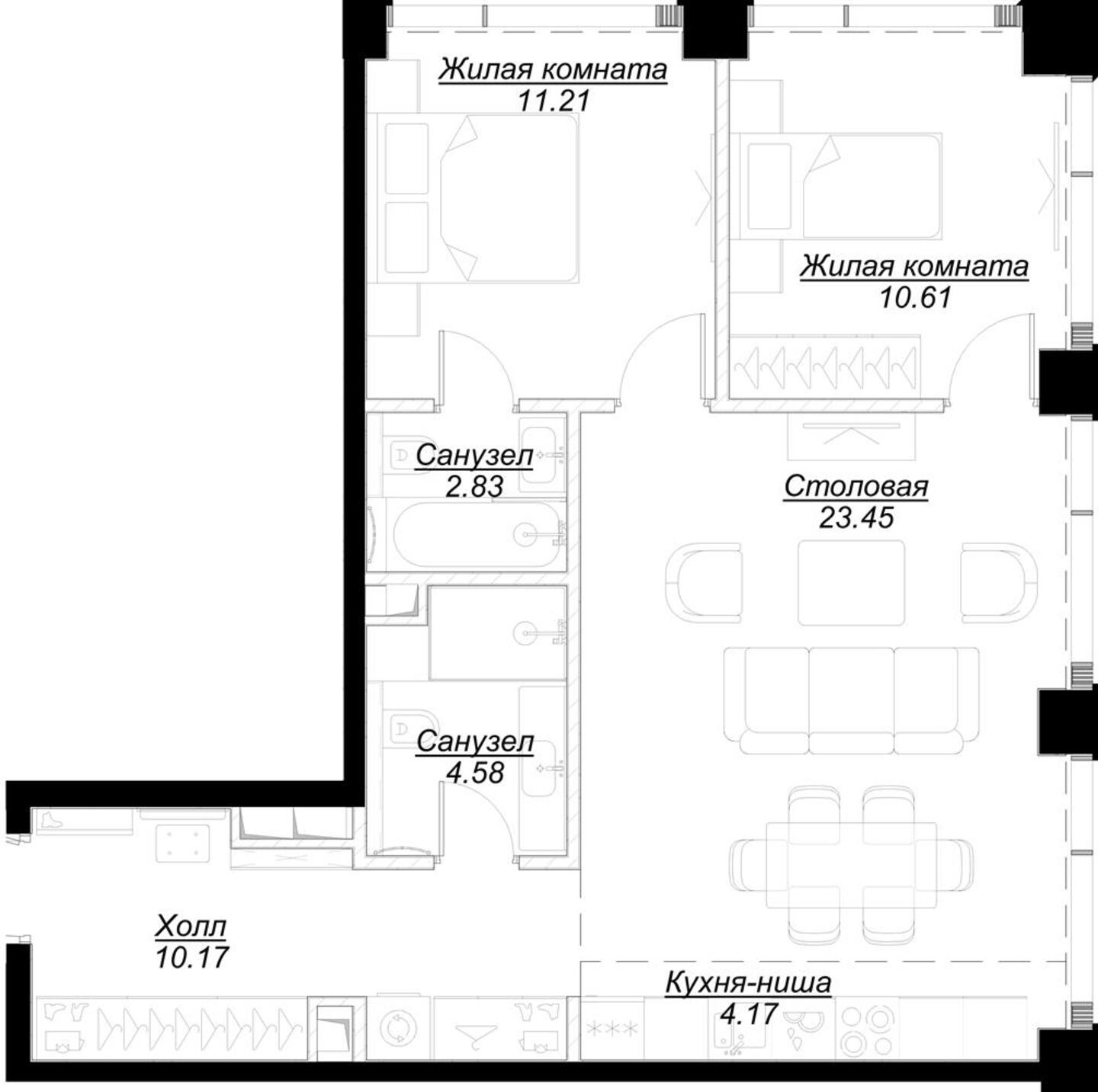 3-комнатная квартира в ЖК Бунинские кварталы на 10 этаже в 7 секции. Сдача в 2 кв. 2026 г.