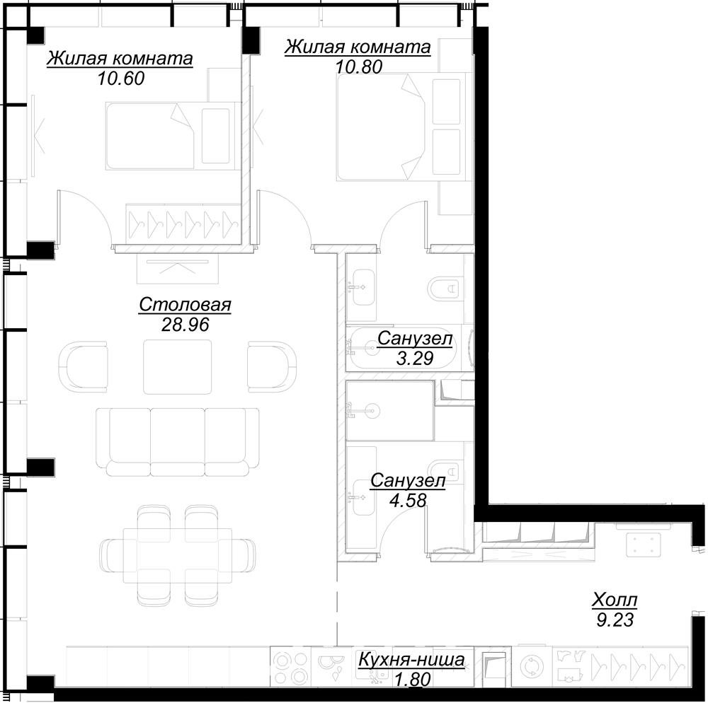 2-комнатная квартира с отделкой в ЖК MOD на 52 этаже в 1 секции. Сдача в 4 кв. 2024 г.