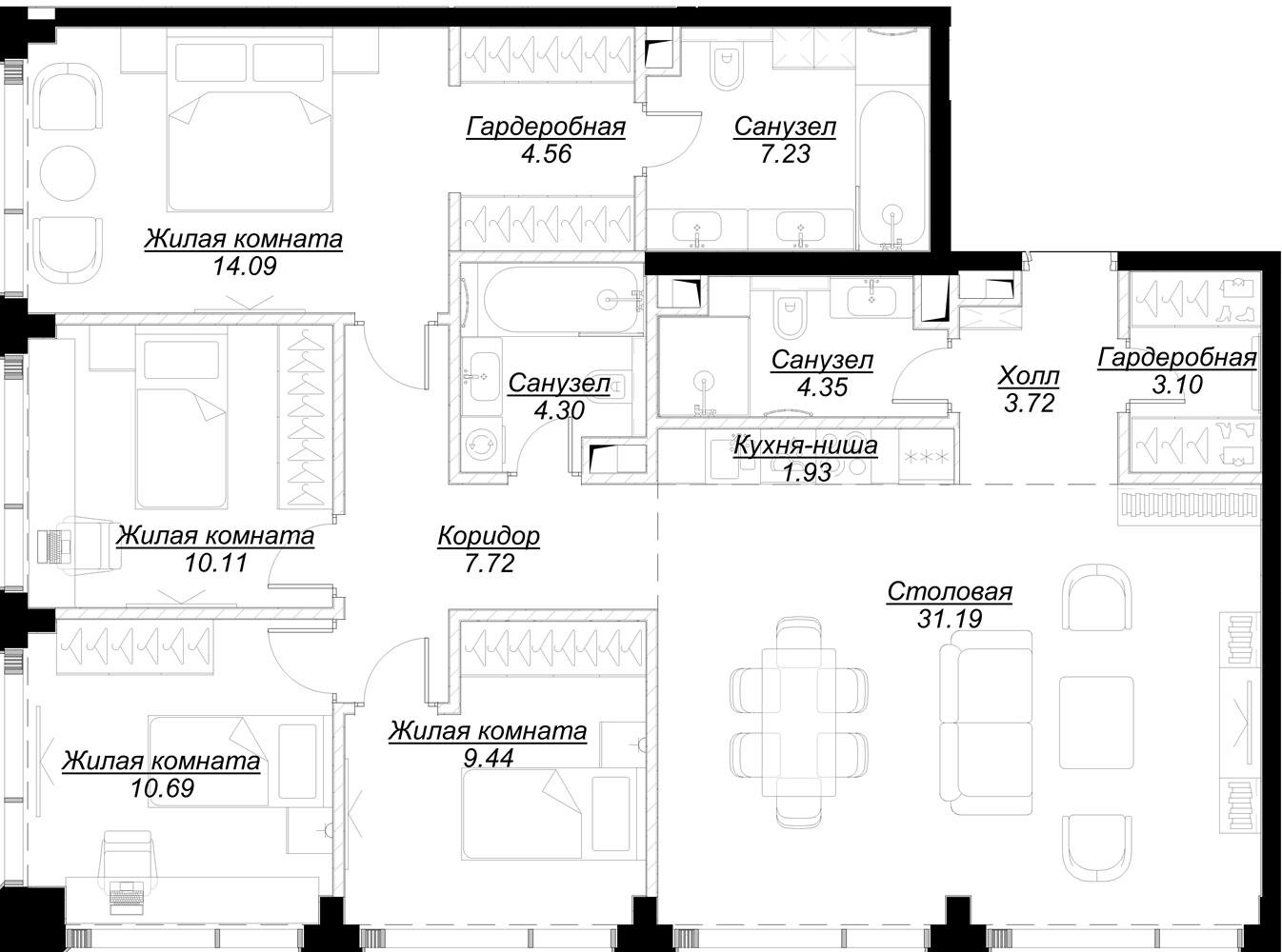4-комнатная квартира в ЖК MOD на 48 этаже в 1 секции. Сдача в 4 кв. 2024 г.