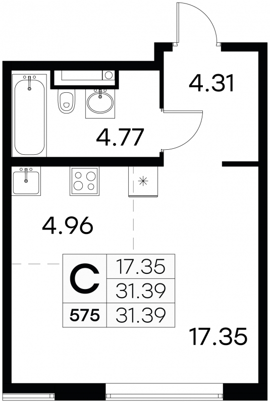1-комнатная квартира (Студия) с отделкой в ЖК West Garden на 13 этаже в 1 секции. Сдача в 2 кв. 2023 г.