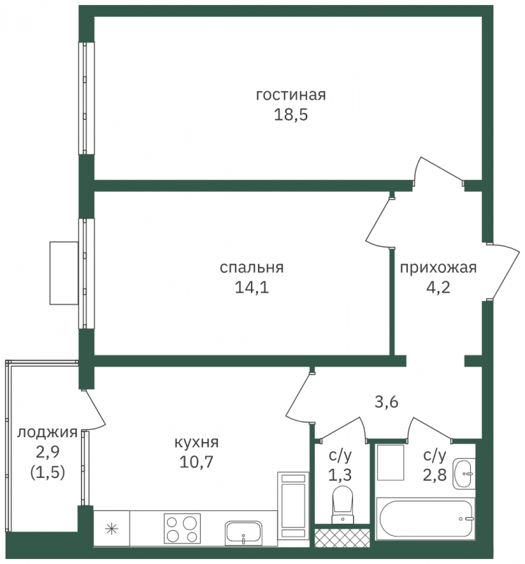 2-комнатная квартира в ЖК Бунинские кварталы на 12 этаже в 7 секции. Сдача в 2 кв. 2026 г.