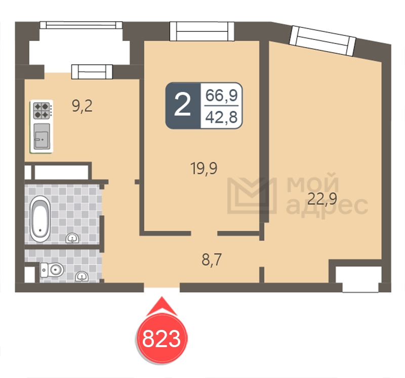 2-комнатная квартира в ЖК Бунинские кварталы на 9 этаже в 5 секции. Сдача в 4 кв. 2024 г.