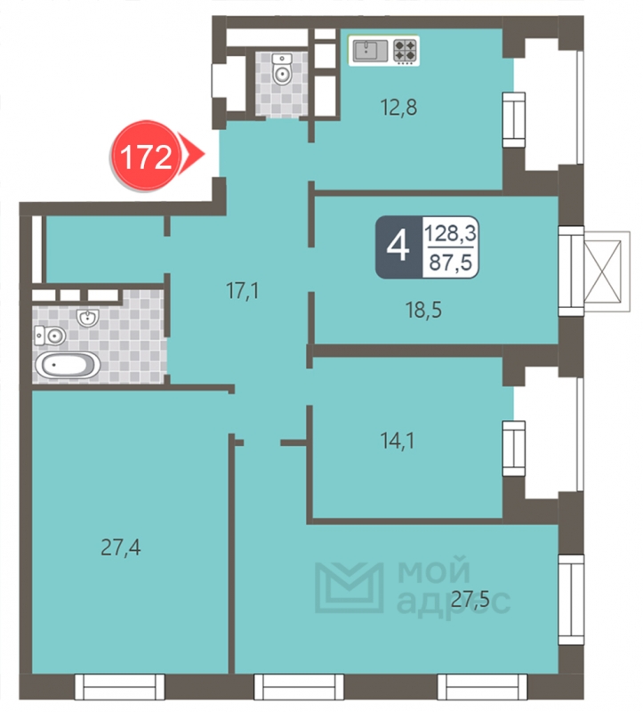 4-комнатная квартира с отделкой в ЖК GloraX Aura Василеостровский на 17 этаже в 1 секции. Сдача в 1 кв. 2025 г.