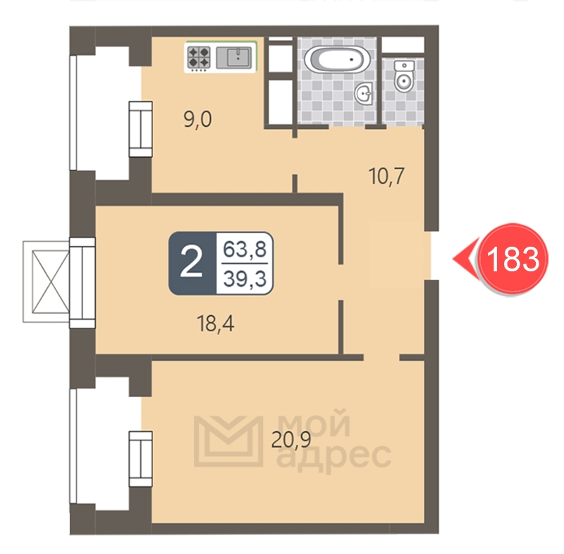 2-комнатная квартира в ЖК Фрегат 2 на 5 этаже в 1 секции. Сдача в 3 кв. 2022 г.