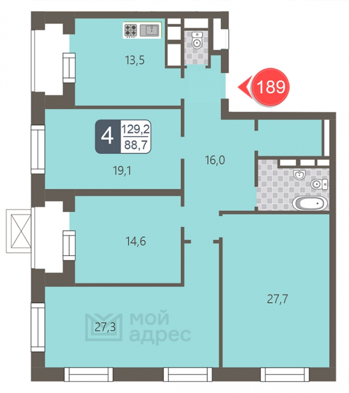 1-комнатная квартира (Студия) в ЖК Бунинские кварталы на 12 этаже в 3 секции. Сдача в 2 кв. 2026 г.