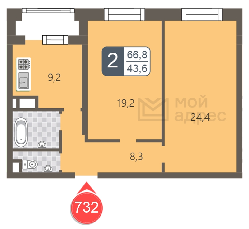 2-комнатная квартира с отделкой в ЖК Фрегат 2 на 21 этаже в 1 секции. Сдача в 3 кв. 2022 г.