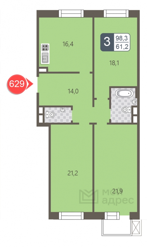 2-комнатная квартира с отделкой в ЖК Фрегат 2 на 23 этаже в 1 секции. Сдача в 3 кв. 2022 г.