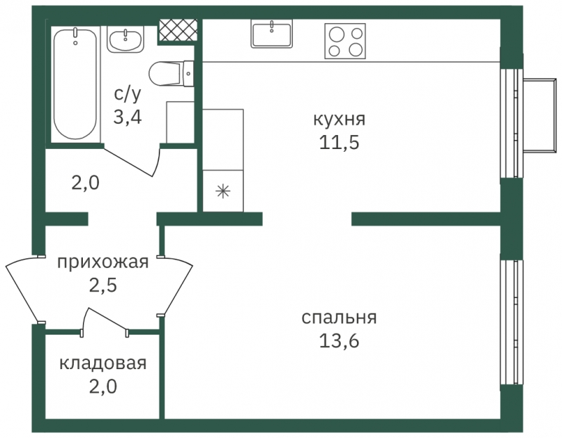 1-комнатная квартира (Студия) в ЖК Бунинские кварталы на 3 этаже в 4 секции. Сдача в 2 кв. 2026 г.